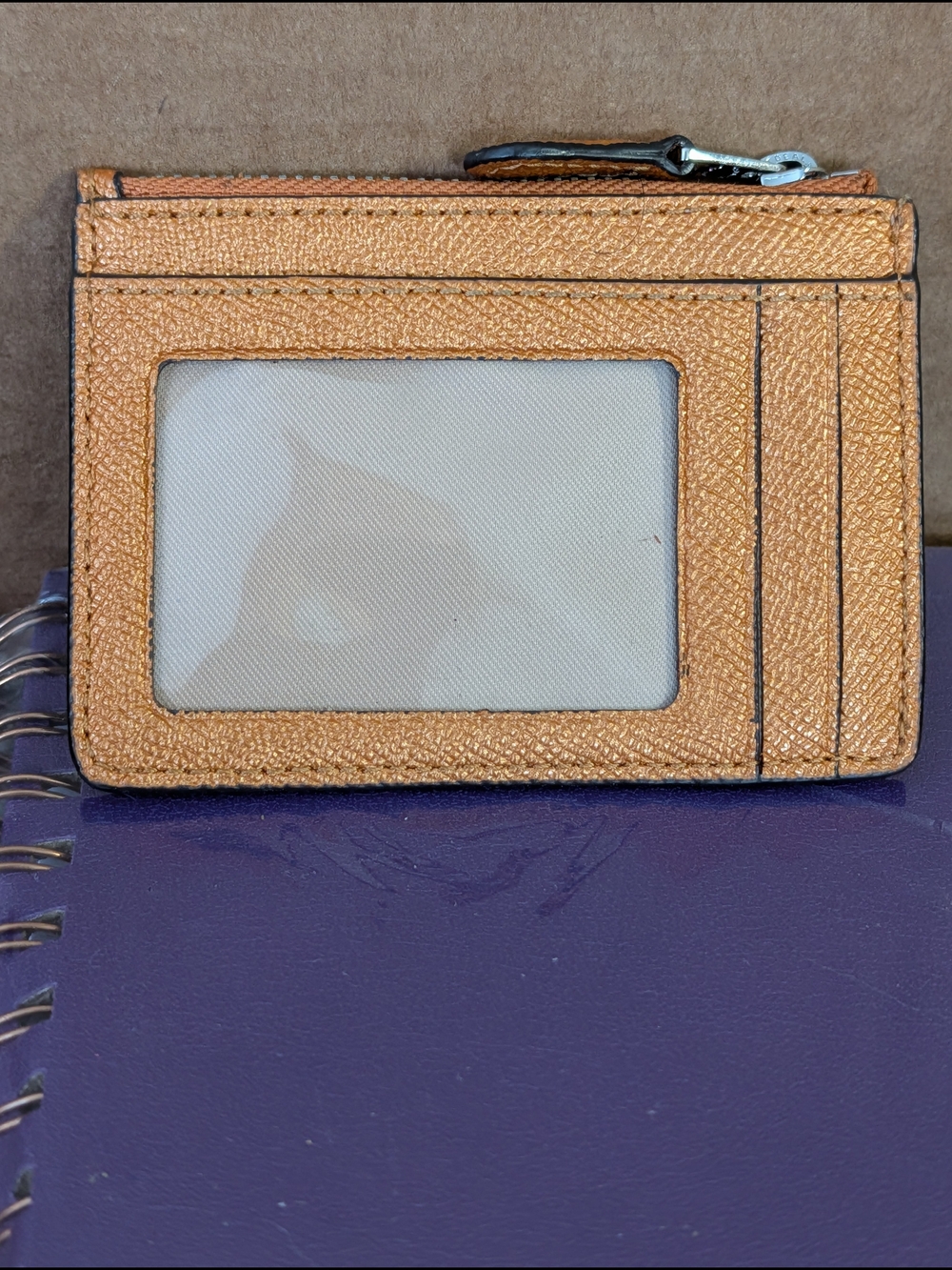 Coach F21082 Mini Skinny ID Card Case Zip Keychain in Metallic Orange - Picture 2 of 13